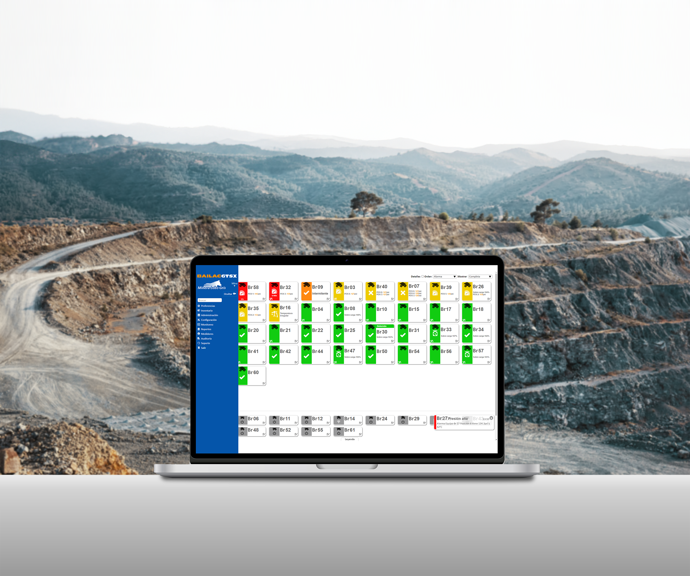 Computador ejecutando BailacGTS, software de telemetría para neumáticos mineros de BailacThor